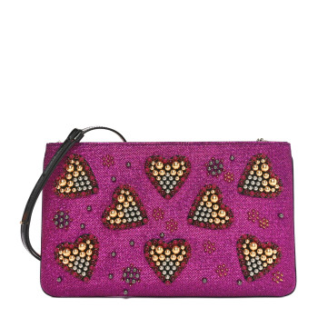 CHRISTIAN LOUBOUTIN Metallic Raffia Studded Loubiposh Chain Clutch Magenta