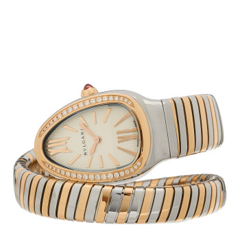 BULGARI Stainless Steel 18K Rose Gold Diamond Bezel 35mm Serpenti Tubogas Quartz Watch