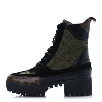 LOUIS VUITTON Nylon Embroidered Monogram Suede Laureate Platform Desert Boots 41 Kaki