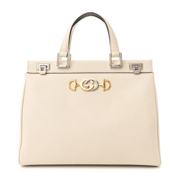 GUCCI Grainy Calfskin Medium Zumi Top Handle Bag Mystic White