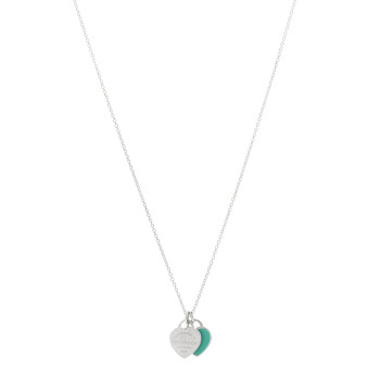 TIFFANY Sterling Silver Enamel Return to Tiffany Double Mini Heart Tag Pendant Necklace Blue