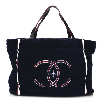 CHANEL Nylon Terry Cloth Reversible Chanel Airlines Tote Silver Navy