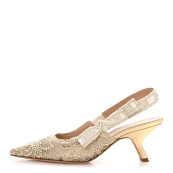 CHRISTIAN DIOR Transparent Metallic Embroidered Mesh Macrame Constantine Embroidered J'Adior Slingback 65mm Pumps 37.5 Pale Gold