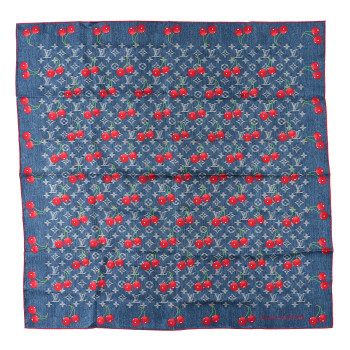LOUIS VUITTON LV X TM Silk Monogram Cerises Square Scarf 90 Denim Blue