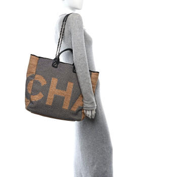 CHANEL Woven Straw Raffia Logo Tote Blue Beige