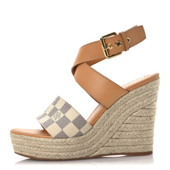 LOUIS VUITTON Damier Azur Starboard Wedges 38 Tan