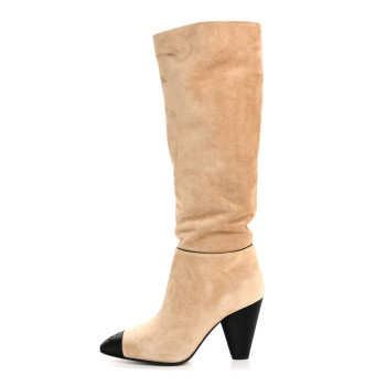 CHANEL Suede Grosgrain Cap Toe CC Knee High Boots 37 Beige Black