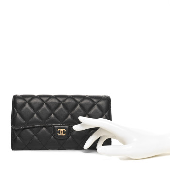 CHANEL Lambskin Quilted Large Gusset Flap Wallet Black