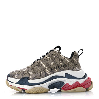 BALENCIAGA X GUCCI GG Supreme Monogram Allover Logo Womens Triple S Sneakers 37 Beige Ebony Mystic White