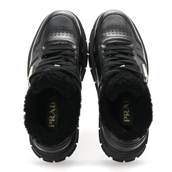 PRADA Calfskin Shearling Metal Triangle Logo Sneakers 35.5 Black