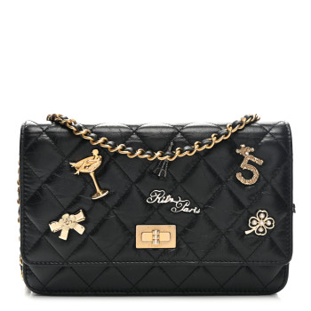 CHANEL Aged Calfskin Quilted Lucky Charms 2.55 Reissue Wallet On Chain WOC Black