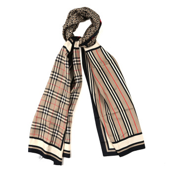 BURBERRY Silk Vintage Check Icon Stripe TB Monogram Print Scarf Archive Beige