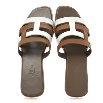HERMES Calfskin Amore Sandals 39 White Naturel