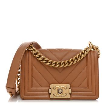 CHANEL Calfskin Chevron Quilted Small Boy Flap Dark Beige