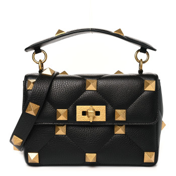 VALENTINO GARAVANI Grained Calfskin Medium Roman Stud Shoulder Bag Black