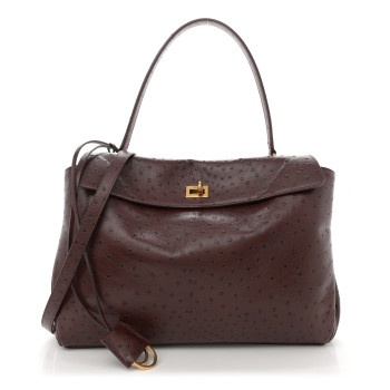 BALENCIAGA Shiny Calfskin Ostrich Embossed Medium Rodeo Top Handle Handbag Brown