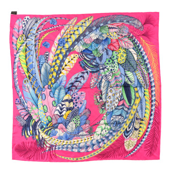 HERMES Silk Plumes En Fete Scarf 90 Rose Vif Bleu Vert