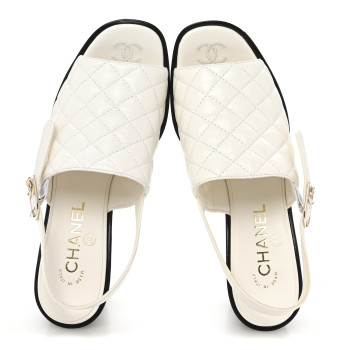 CHANEL Lambskin Quilted Peep Toe Wedge Sandals 38 White