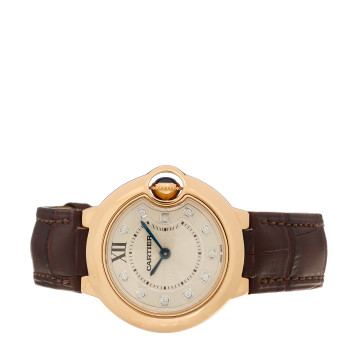 CARTIER 18K Pink Gold Alligator Diamond 28mm Ballon Bleu De Cartier Quartz Watch Brown