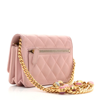 CHANEL Lambskin Quilted CC Pearl Enamel Clutch on Chain WOC Light Pink