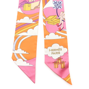 HERMES Silk Carres Volants Twilly Orange Rose Malaba