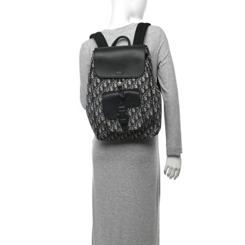 CHRISTIAN DIOR Oblique Jacquard Grained Calfskin Drawstring Saddle Backpack Beige Black