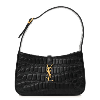 SAINT LAURENT Calfskin Crocodile Embossed Le 5 A 7 Hobo Black