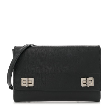 PRADA Saffiano Cuir Twist Lock Chain Flap Crossbody Bag Black