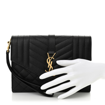 SAINT LAURENT Grain De Poudre Textured Mixed Matelasse Triquilt Monogram Clutch Black