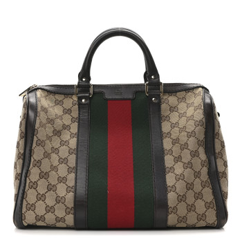 GUCCI Monogram Selleria Calfskin Vintage Web Medium Boston Beige Ebony Cocoa