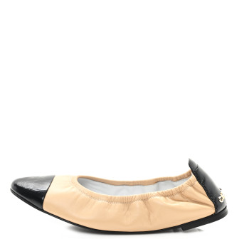 CHANEL Lambskin Shiny Goatskin Calfskin Ballerina Flats 39.5 Beige Black