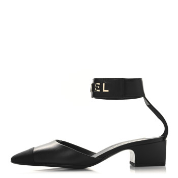 CHANEL Lambskin Grosgrain Cap Toe Logo Ankle Strap Pumps 39 Black