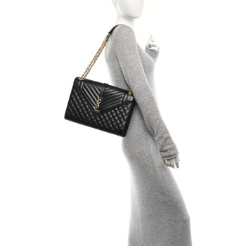 SAINT LAURENT Grain De Poudre Textured Mixed Matelasse Large Triquilt Monogram Satchel Black