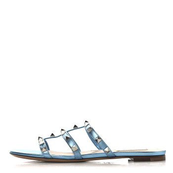 VALENTINO GARAVANI Metallic Nappa Rockstud Caged Flat Slide Sandals 37 Cerulean