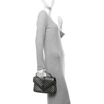 SAINT LAURENT Metallic Grain De Poudre Matelasse Chevron Monogram Medium College Bag Gunmetal