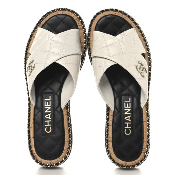 CHANEL Shiny Lambskin Quilted  Metal Chain CC Sandals 36 White