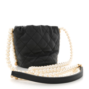 CHANEL Calfskin Quilted Pearl Mini About Pearls Drawstring Bucket Bag Black