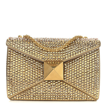 VALENTINO GARAVANI Crystal Embellished Metallic Calfskin Small One Stud Clutch With Chain Sunshine Gold