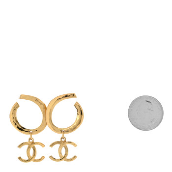 CHANEL Metal Textured Hoop Drop CC Earrings Gold