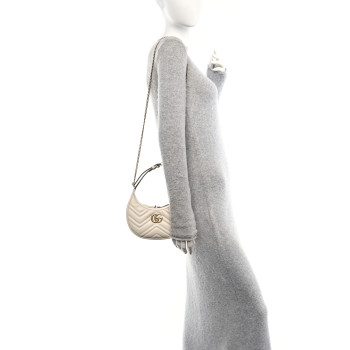 GUCCI Calfskin Matelasse Chevron Mini GG Marmont Half Moon Hobo Mystic White