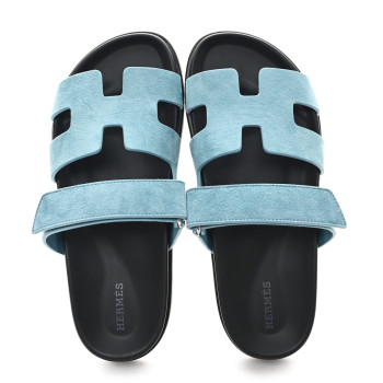 HERMES Suede Goatskin Womens Chypre Sandals 39 Bleu Mineral