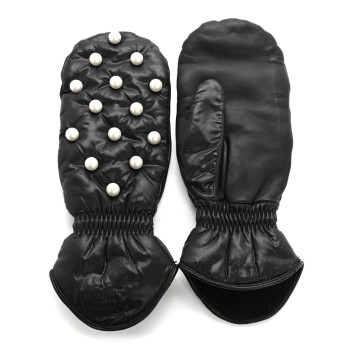CHANEL Lambskin Nylon Pearl CC Mittens 7.5 Black