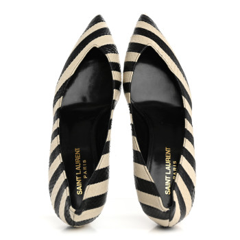 SAINT LAURENT Elaphe Snakeskin Striped Kiki Kitten Heel Pumps 38.5 Black Off White