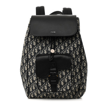 CHRISTIAN DIOR Oblique Jacquard Grained Calfskin Drawstring Saddle Backpack Beige Black