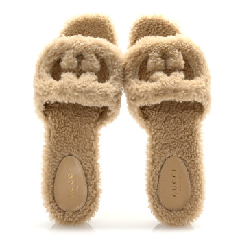 GUCCI Shearling Interlocking G Cut Out Slide Sandals 37 Butterscotch