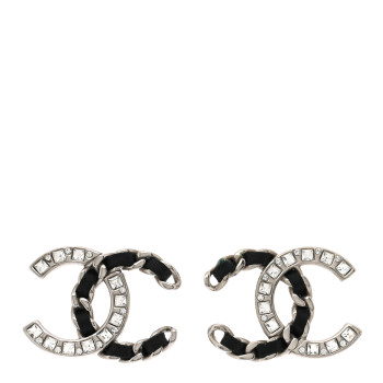 CHANEL Crystal Baguette Lambskin Large CC Earrings Silver Black
