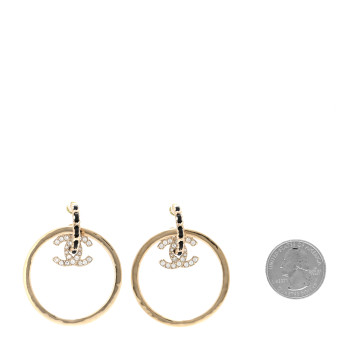 CHANEL Metal Crystal Lambskin CC Chain Hoop Earrings Gold Black