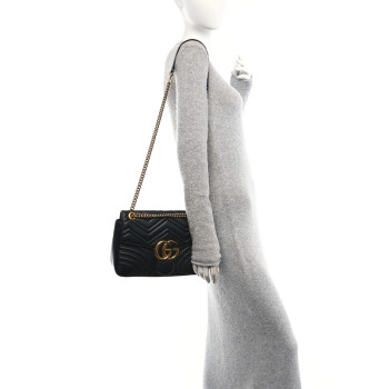 GUCCI Calfskin Matelasse Medium GG Marmont Shoulder Bag Black
