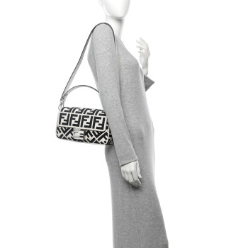 FENDI Canvas Vitello King FF Embroidered Baguette White Black