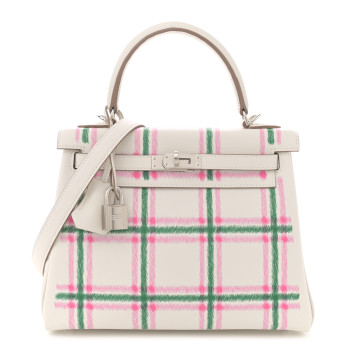 HERMES Swift Tartan Kelly Retourne 25 Gris Pale Rose Bubblegum Vert Moyen